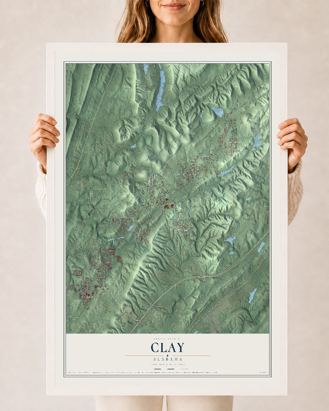 Map of Clay, Alabama, 24 x 36 inch print in a white wood frame