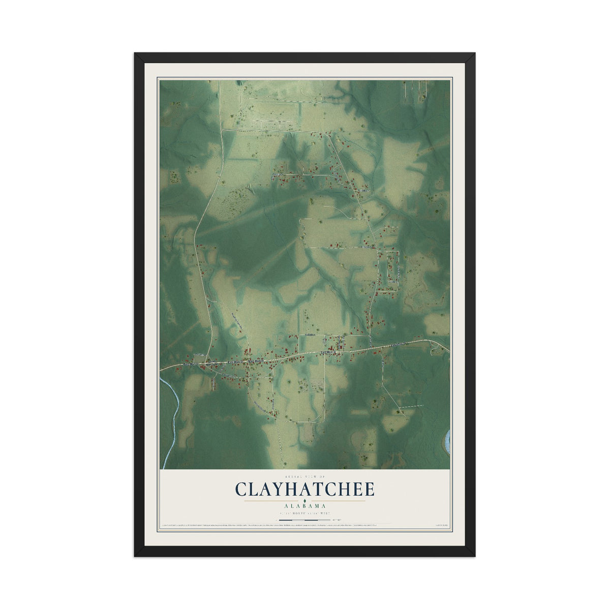 Map of Clayhatchee, Alabama, 12 x 18 inch print in a black wood frame