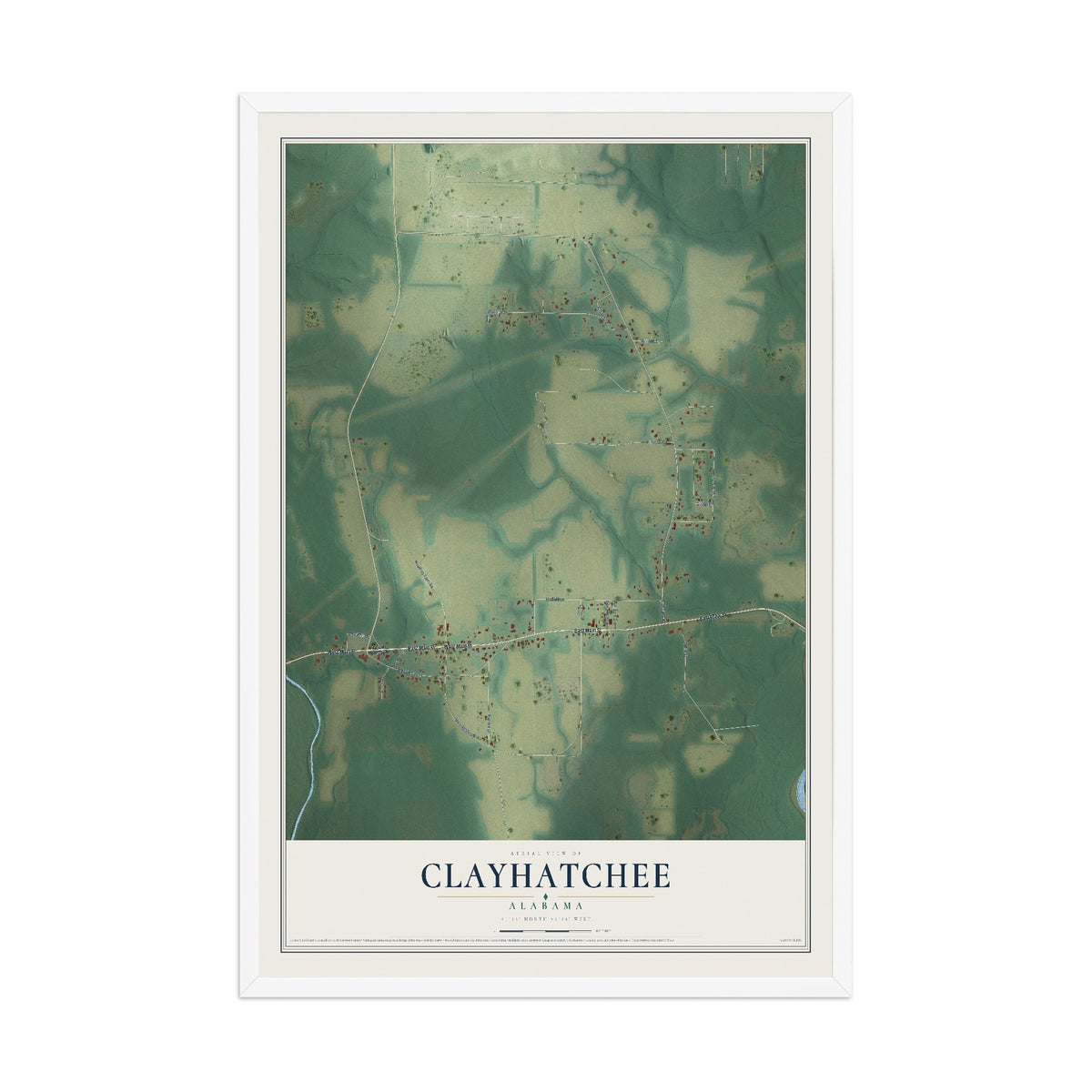 Map of Clayhatchee, Alabama, 12 x 18 inch print in a white wood frame