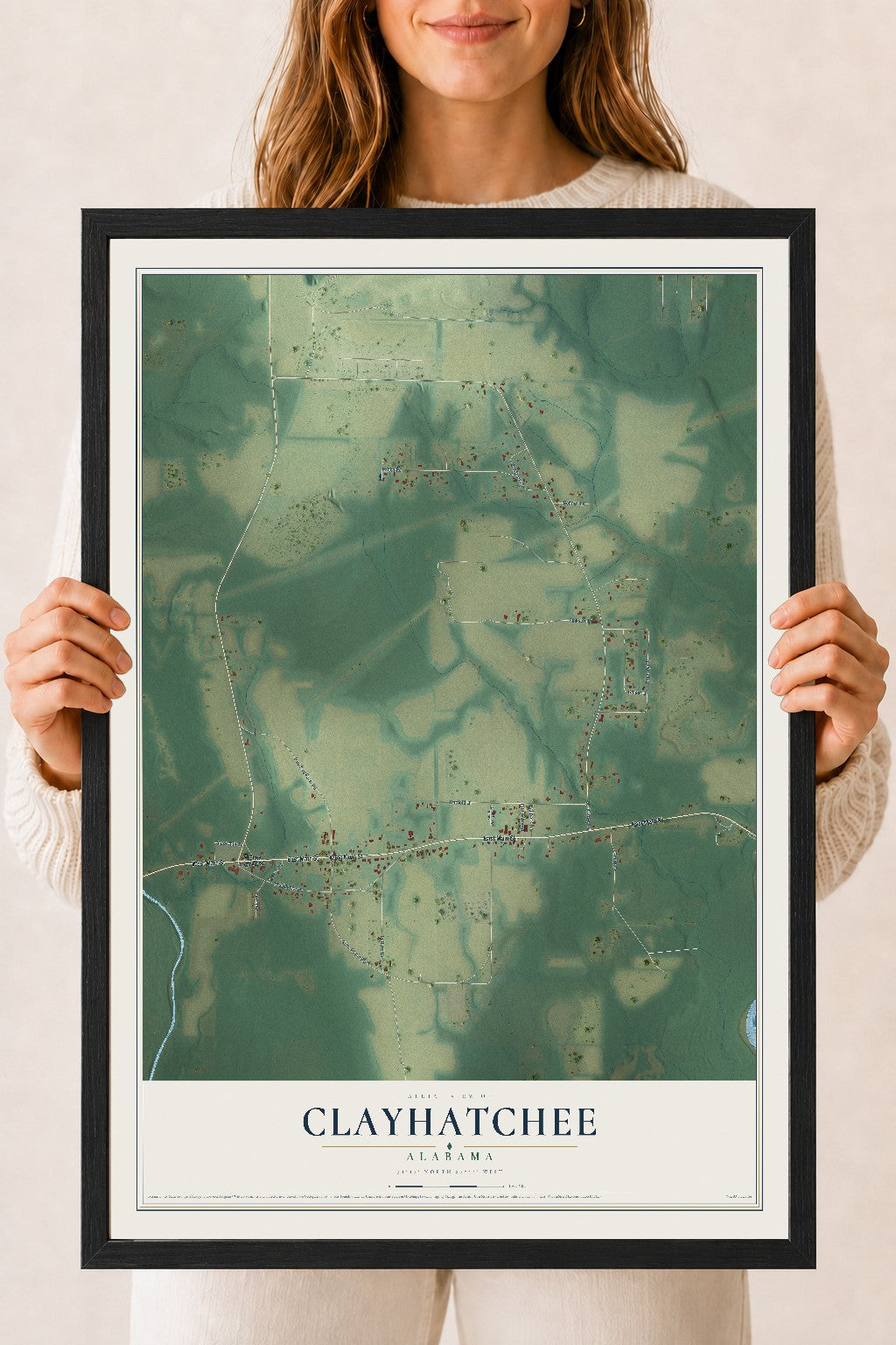 Map of Clayhatchee, Alabama, 18 x 24 inch print in a black wood frame