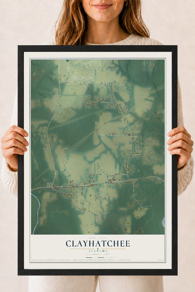 Map of Clayhatchee, Alabama, 18 x 24 inch print in a black wood frame