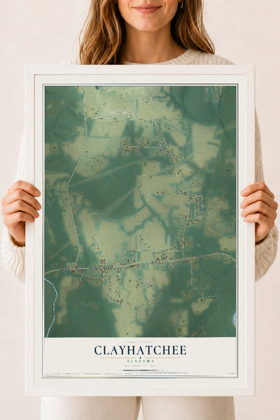 Map of Clayhatchee, Alabama, 18 x 24 inch print in a white wood frame