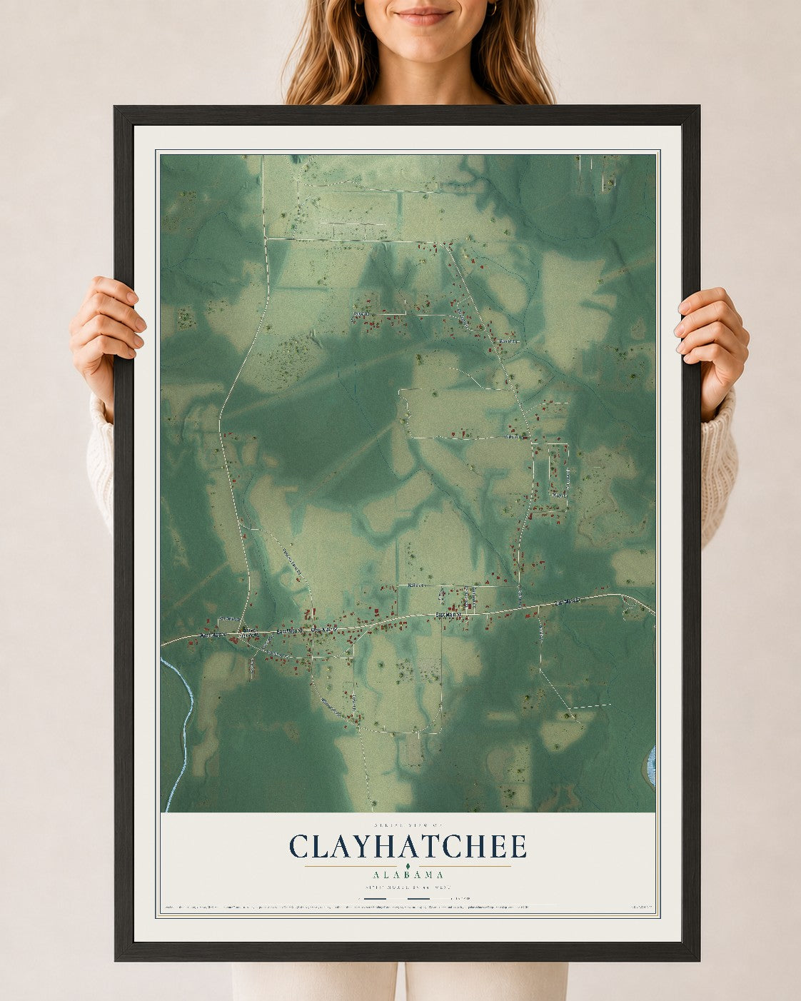 Map of Clayhatchee, Alabama, 24 x 36 inch print in a black wood frame