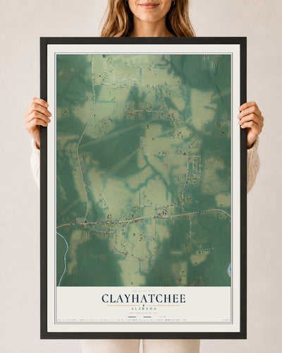 Map of Clayhatchee, Alabama, 24 x 36 inch print in a black wood frame