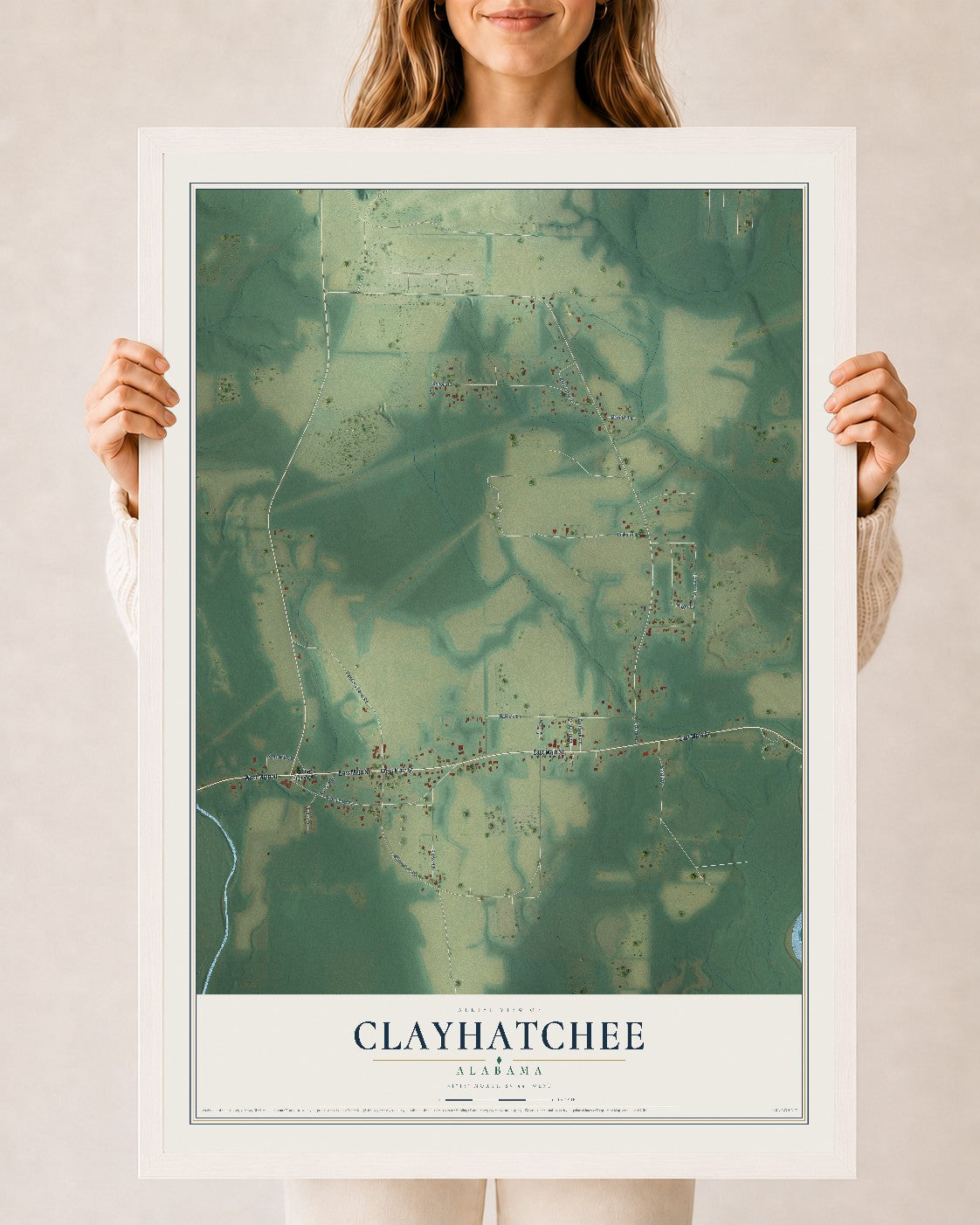 Map of Clayhatchee, Alabama, 24 x 36 inch print in a white wood frame