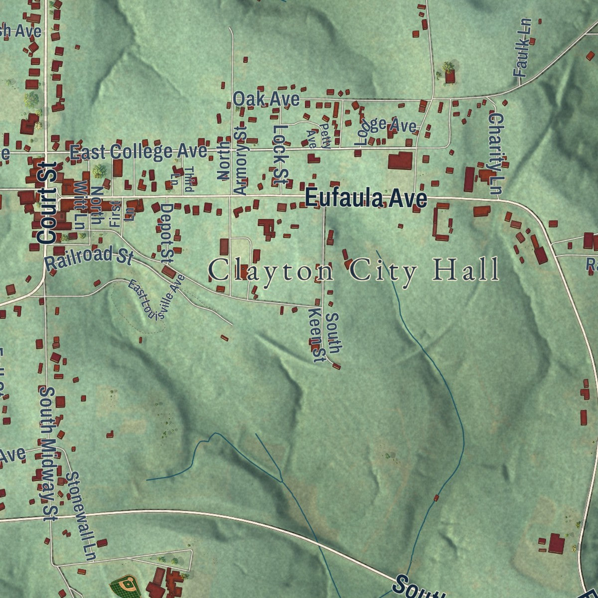 Close-up of the map of Clayton, Alabama print showing street and building detail