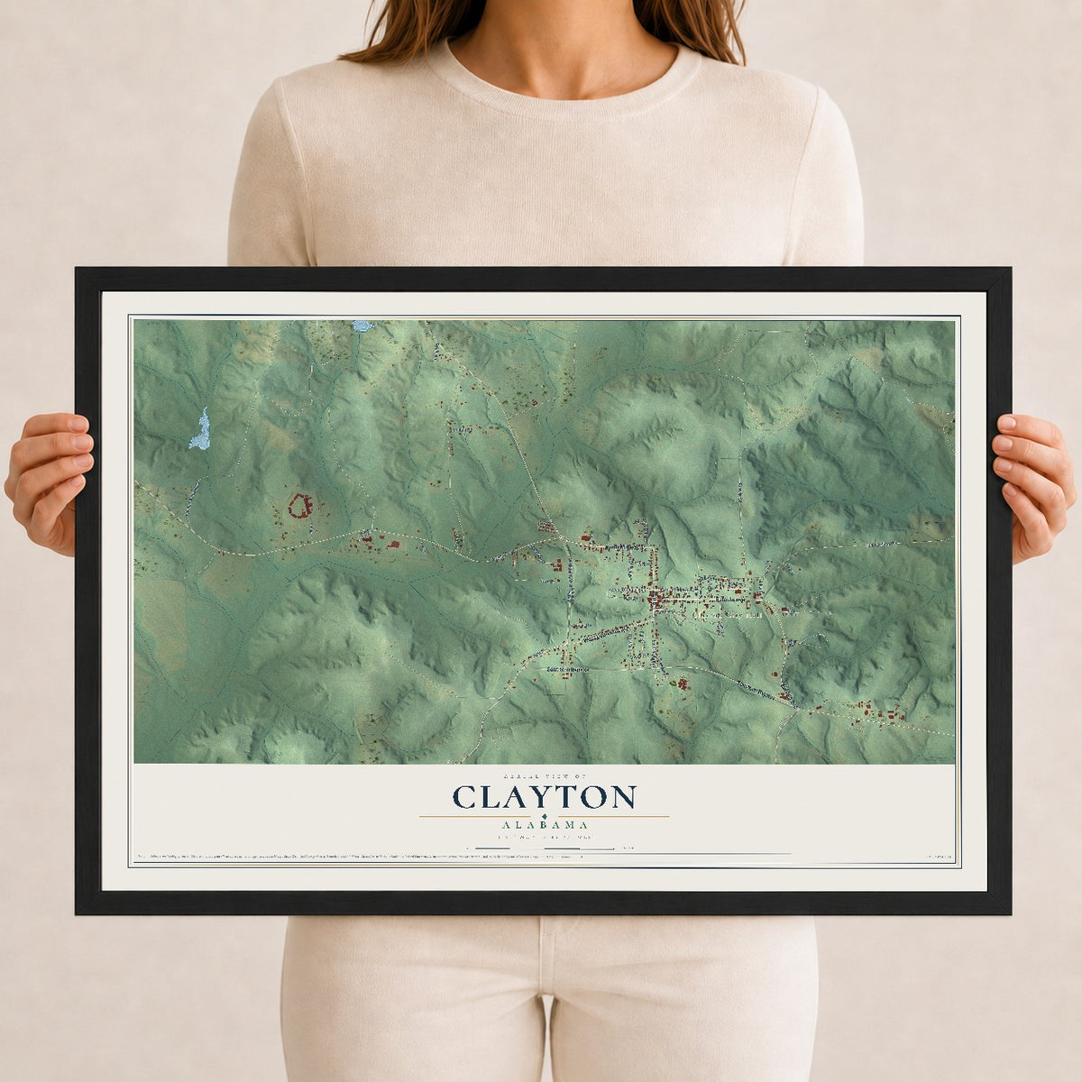 Map of Clayton, Alabama, 12 x 18 inch print in a black wood frame
