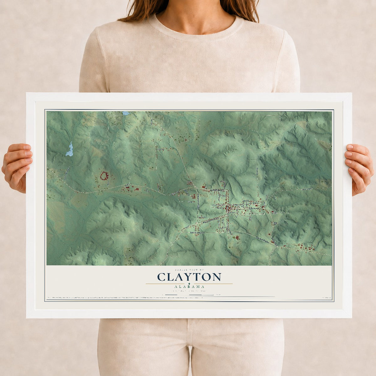 Map of Clayton, Alabama, 12 x 18 inch print in a white wood frame