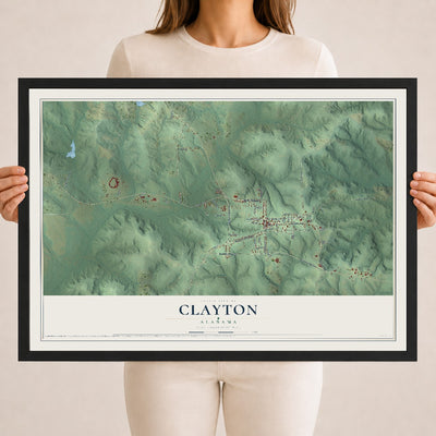 Map of Clayton, Alabama, 18 x 24 inch print in a black wood frame