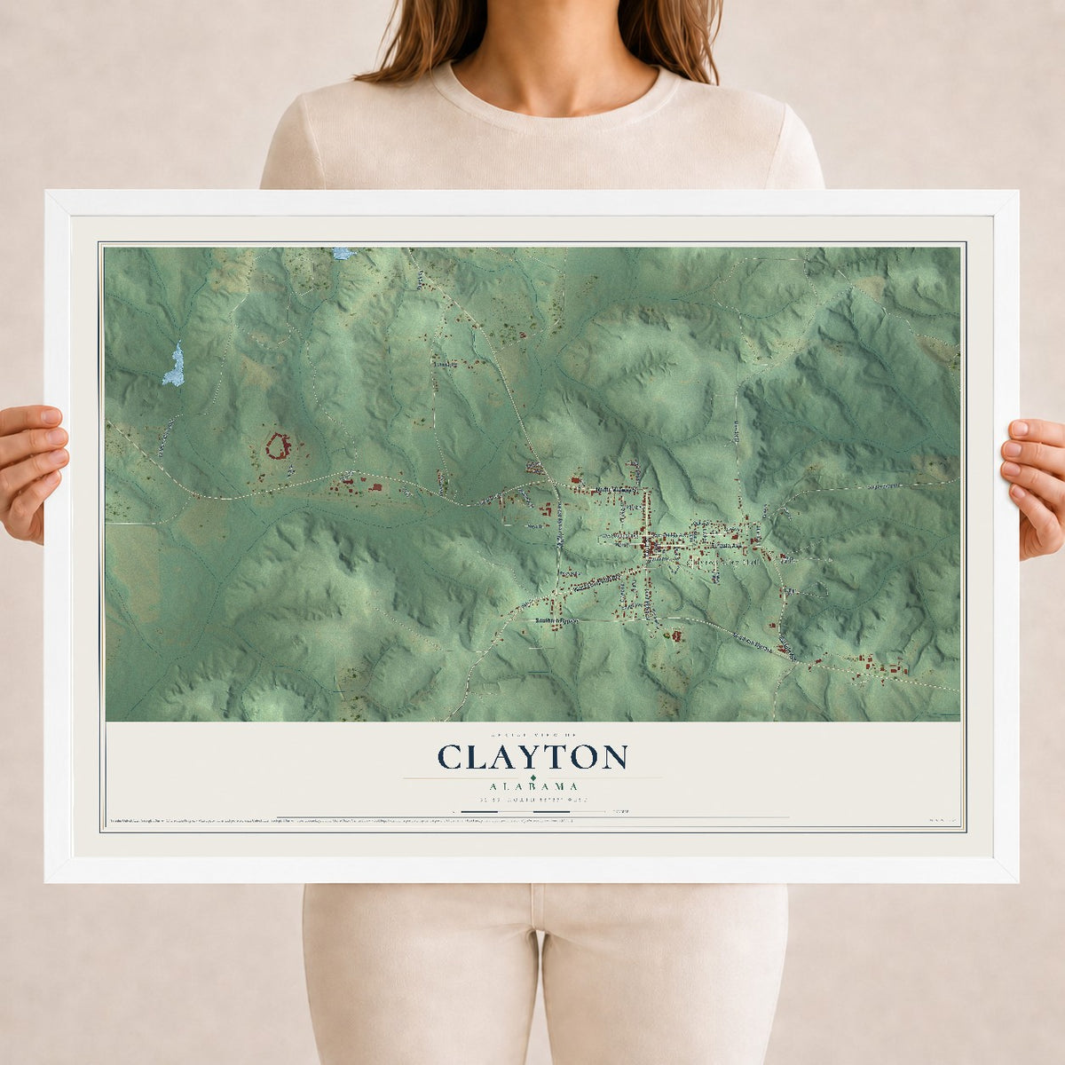 Map of Clayton, Alabama, 18 x 24 inch print in a white wood frame