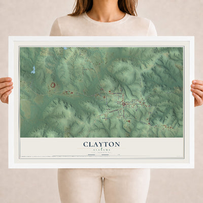 Map of Clayton, Alabama, 18 x 24 inch print in a white wood frame