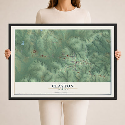 Map of Clayton, Alabama, 24 x 36 inch print in a black wood frame