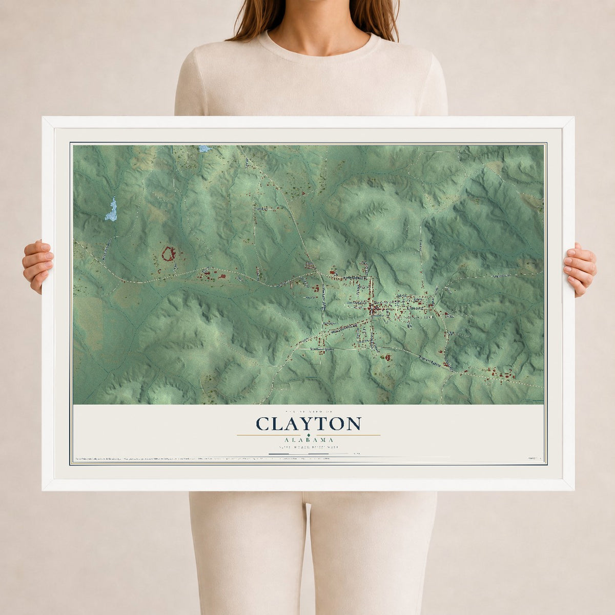 Map of Clayton, Alabama, 24 x 36 inch print in a white wood frame