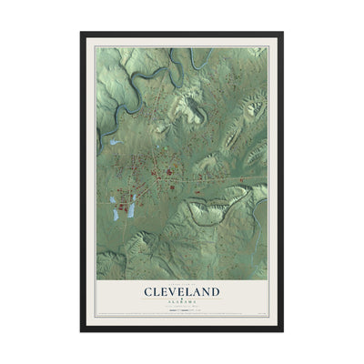 Map of Cleveland, Alabama, 12 x 18 inch print in a black wood frame