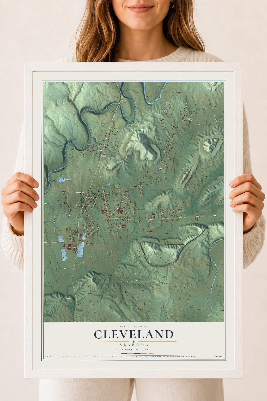 Map of Cleveland, Alabama, 18 x 24 inch print in a white wood frame