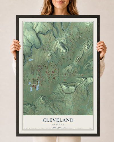 Map of Cleveland, Alabama, 24 x 36 inch print in a black wood frame