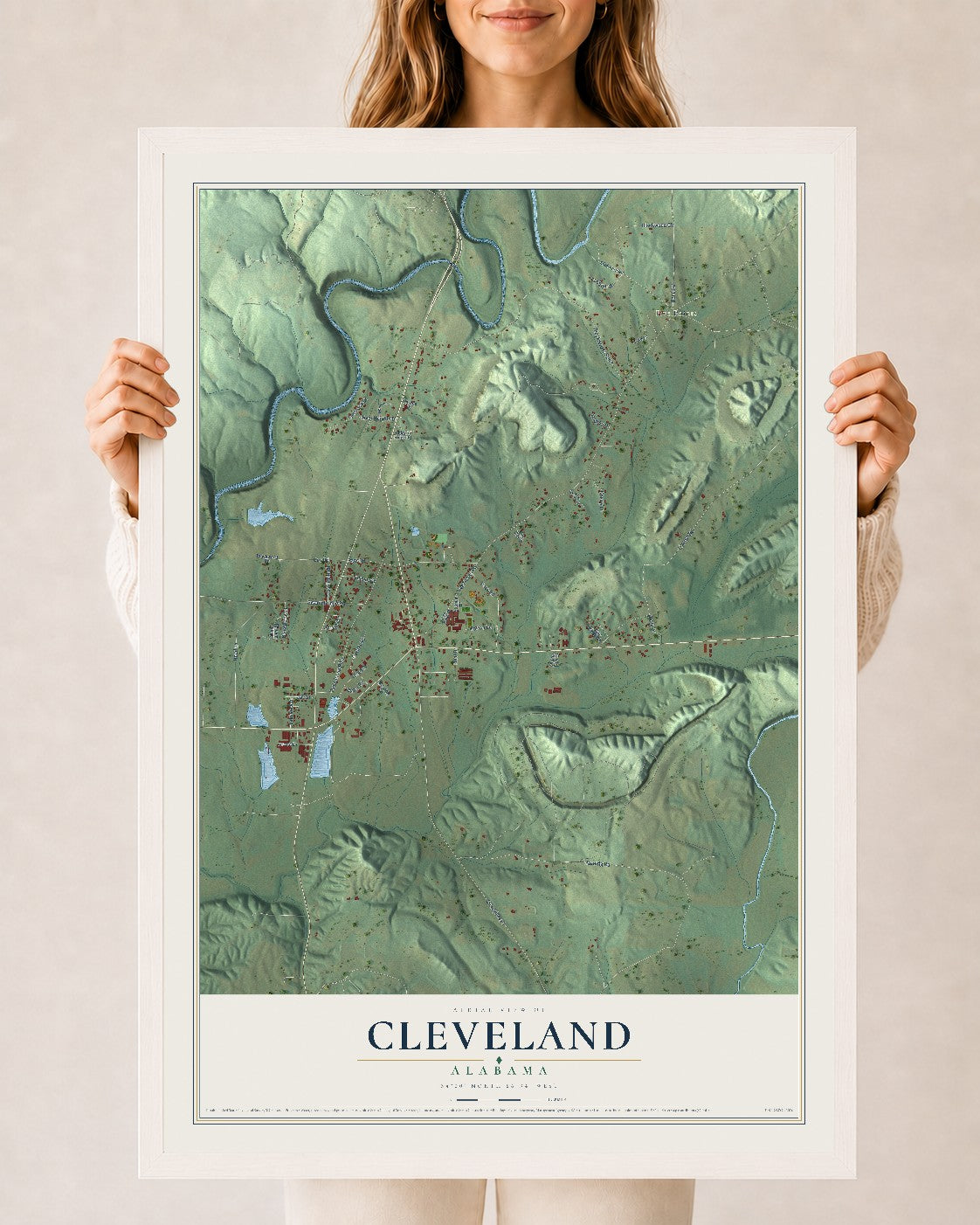 Map of Cleveland, Alabama, 24 x 36 inch print in a white wood frame