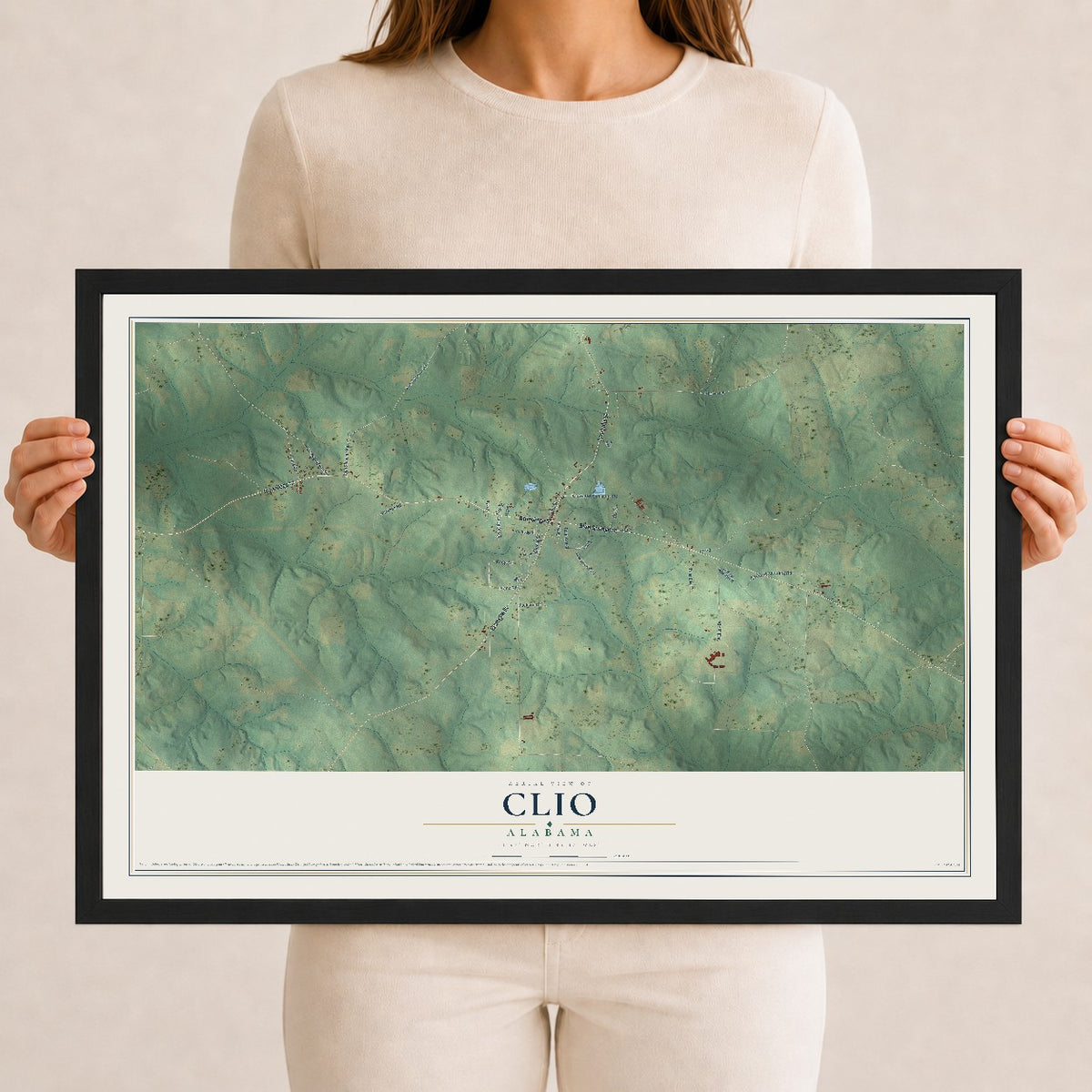 Map of Clio, Alabama, 12 x 18 inch print in a black wood frame