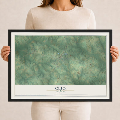 Map of Clio, Alabama, 12 x 18 inch print in a black wood frame
