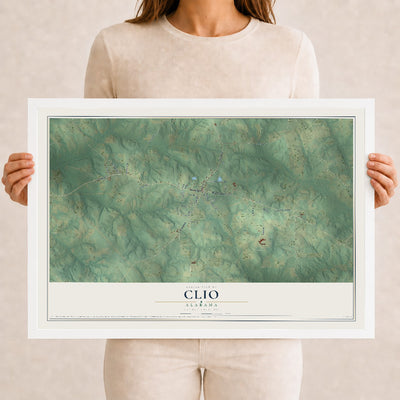 Map of Clio, Alabama, 12 x 18 inch print in a white wood frame