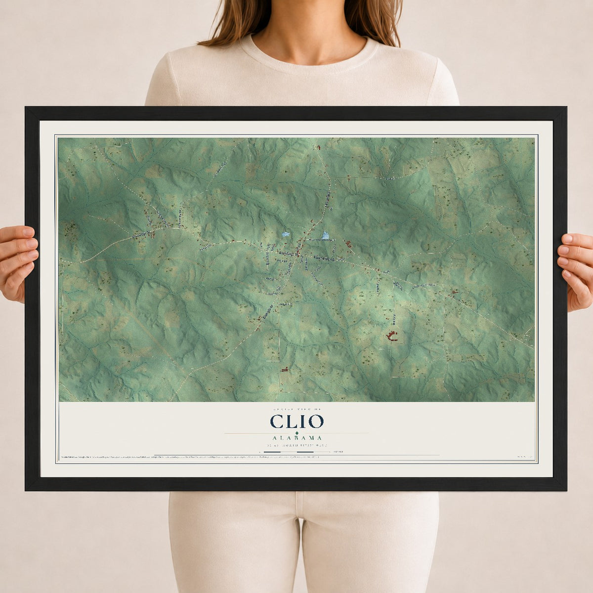 Map of Clio, Alabama, 18 x 24 inch print in a black wood frame