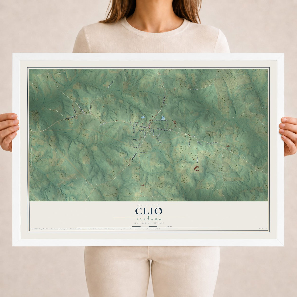 Map of Clio, Alabama, 18 x 24 inch print in a white wood frame