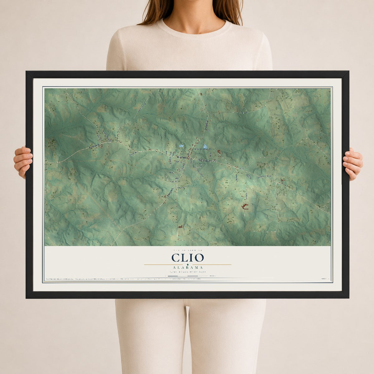 Map of Clio, Alabama, 24 x 36 inch print in a black wood frame
