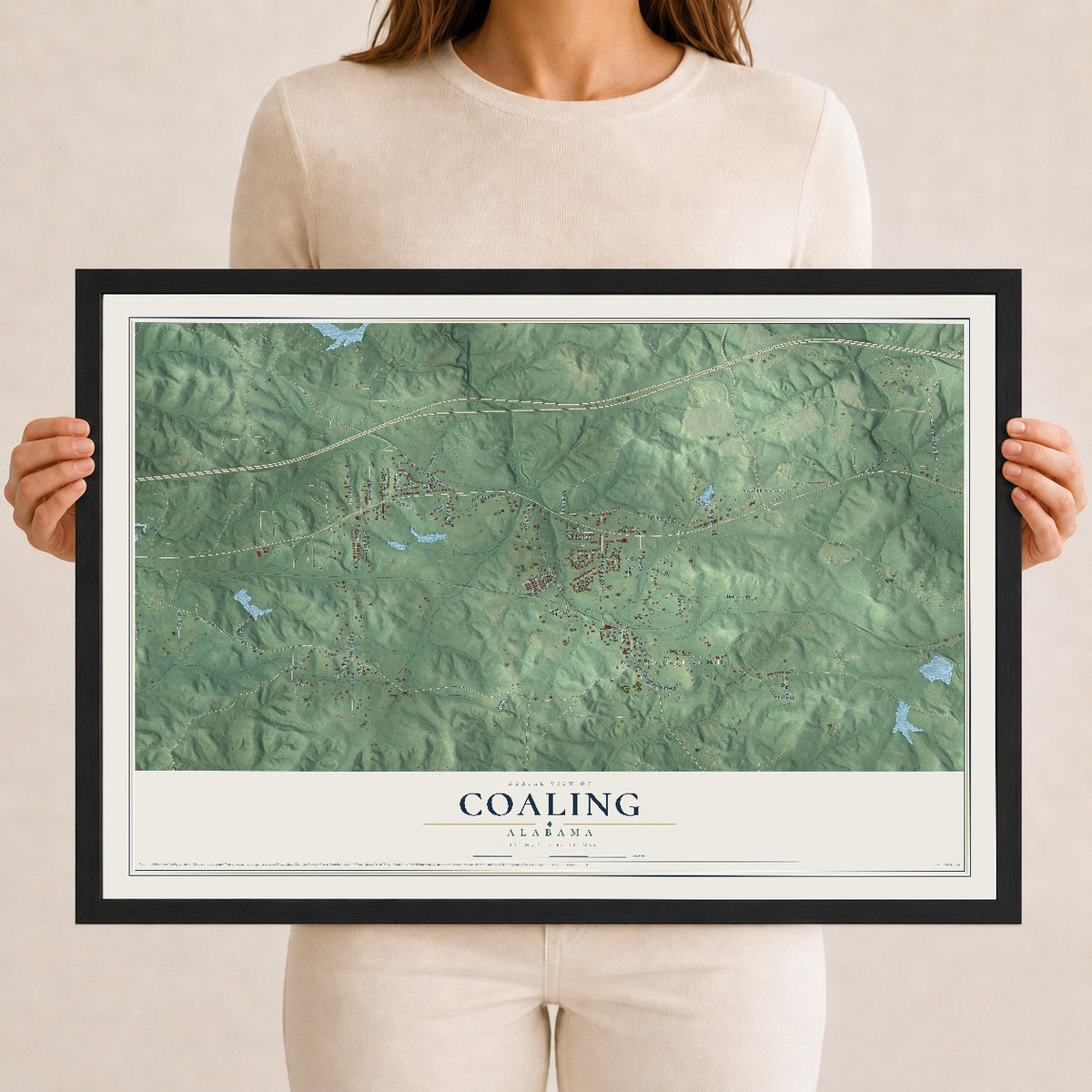 Map of Coaling, Alabama, 12 x 18 inch print in a black wood frame