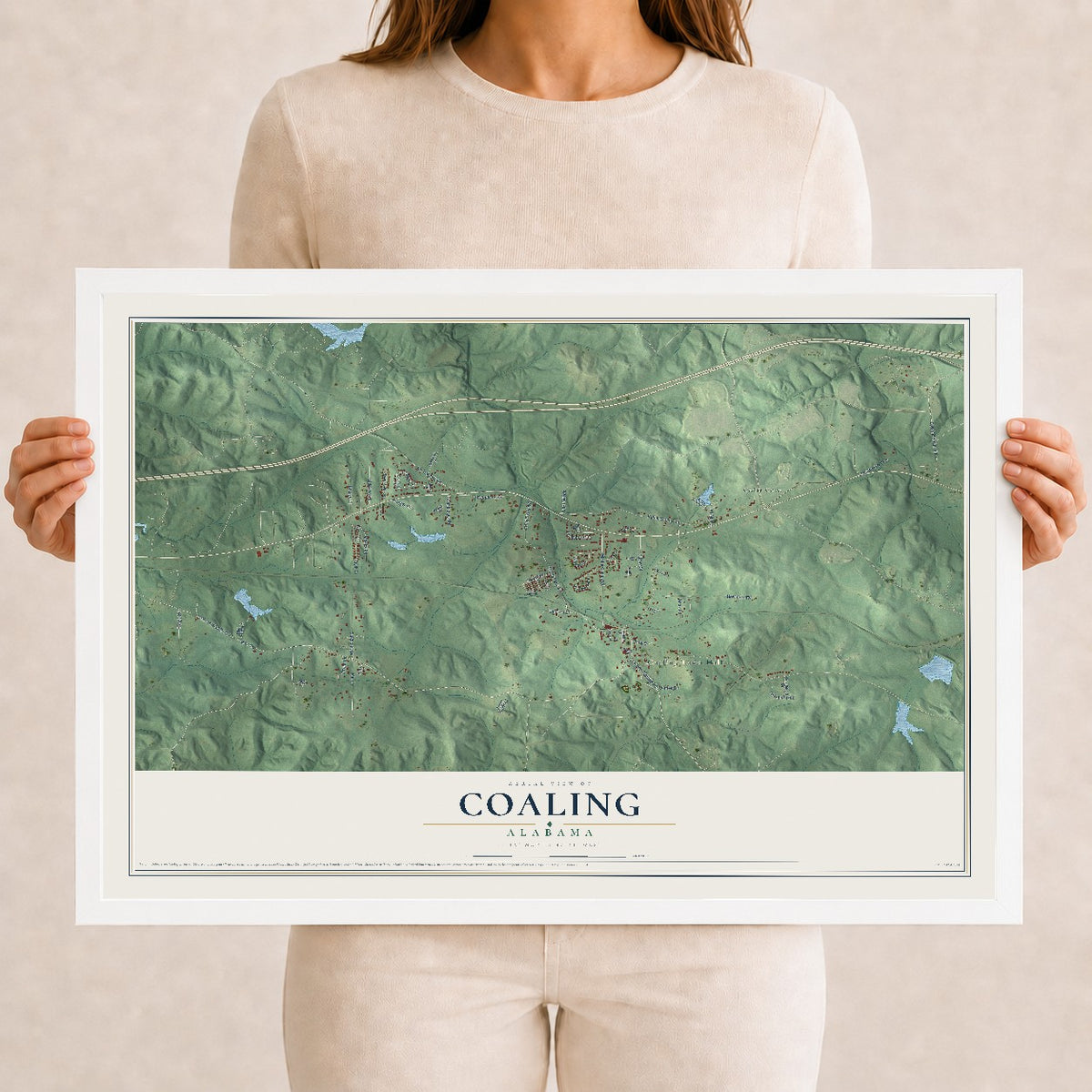 Map of Coaling, Alabama, 12 x 18 inch print in a white wood frame