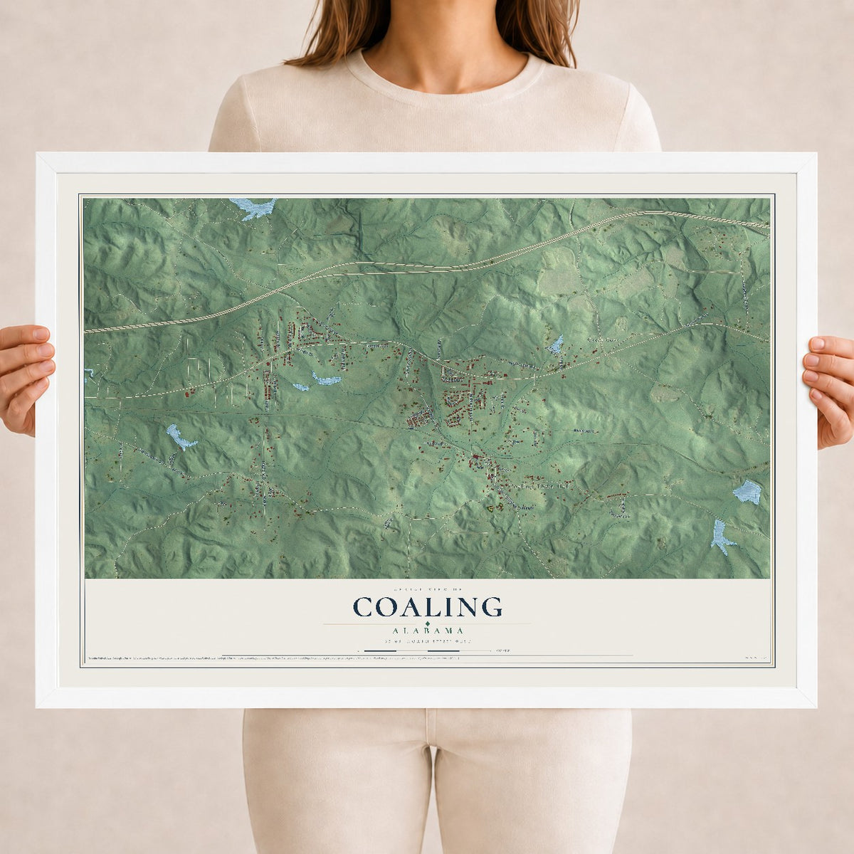 Map of Coaling, Alabama, 18 x 24 inch print in a white wood frame