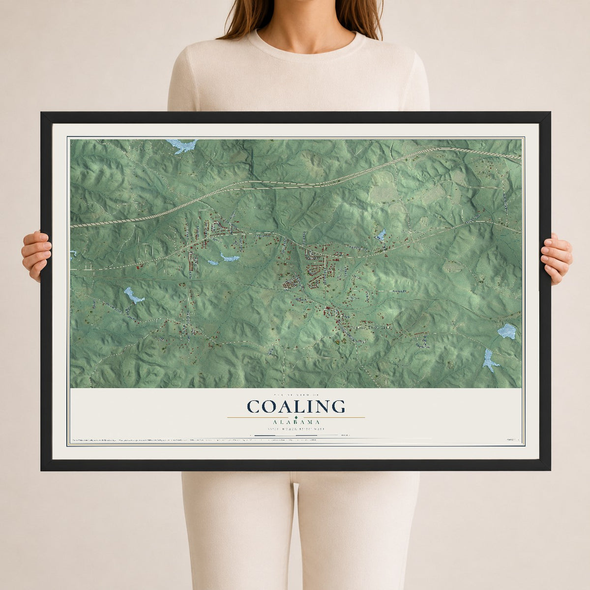 Map of Coaling, Alabama, 24 x 36 inch print in a black wood frame