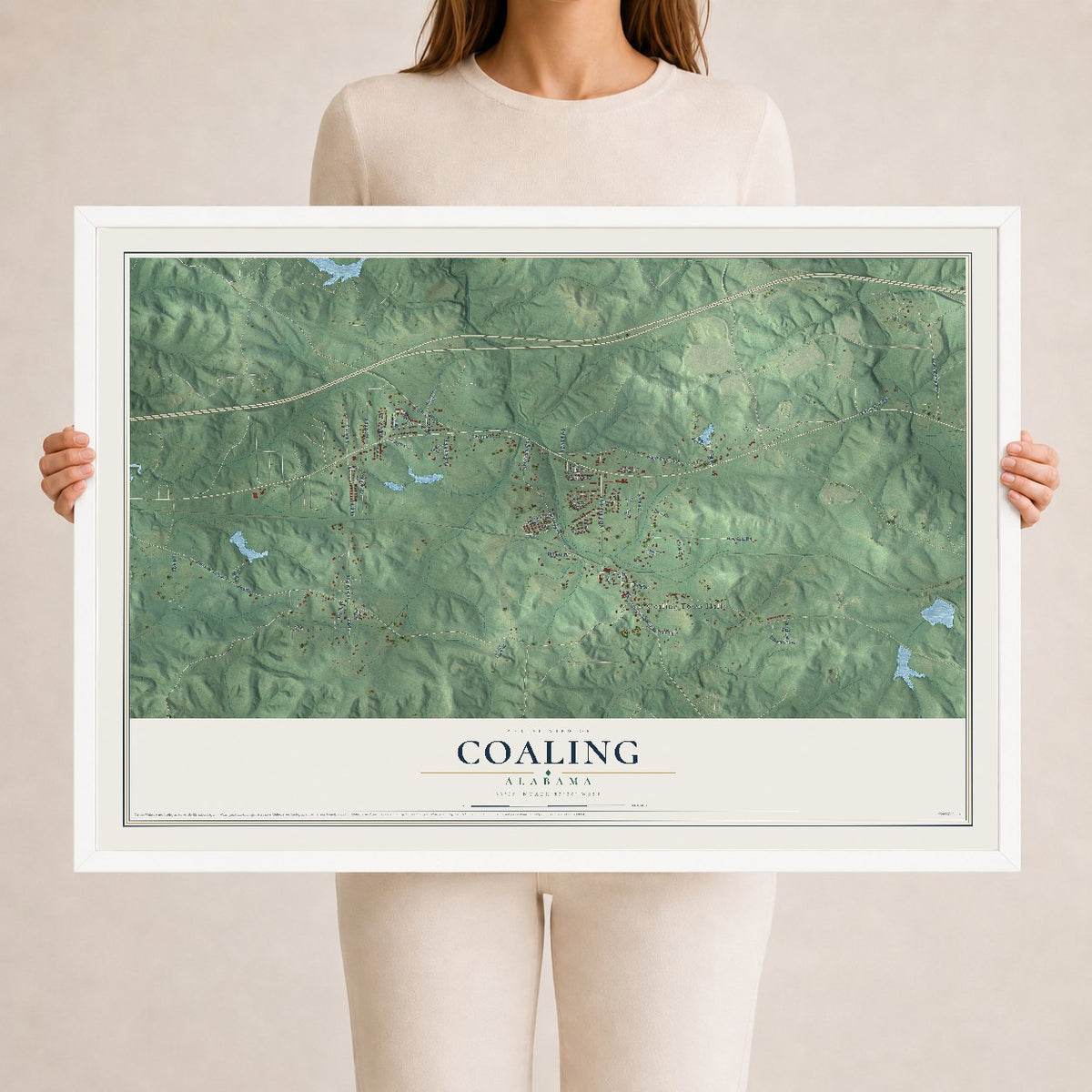 Map of Coaling, Alabama, 24 x 36 inch print in a white wood frame
