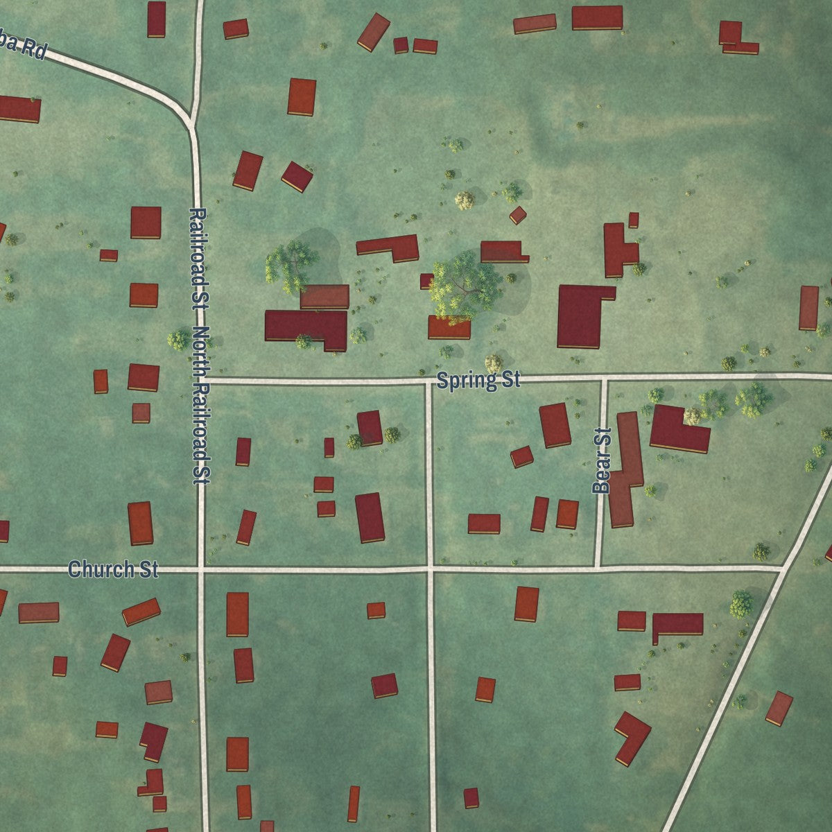 Close-up of the map of Coffee Springs, Alabama print showing street and building detail