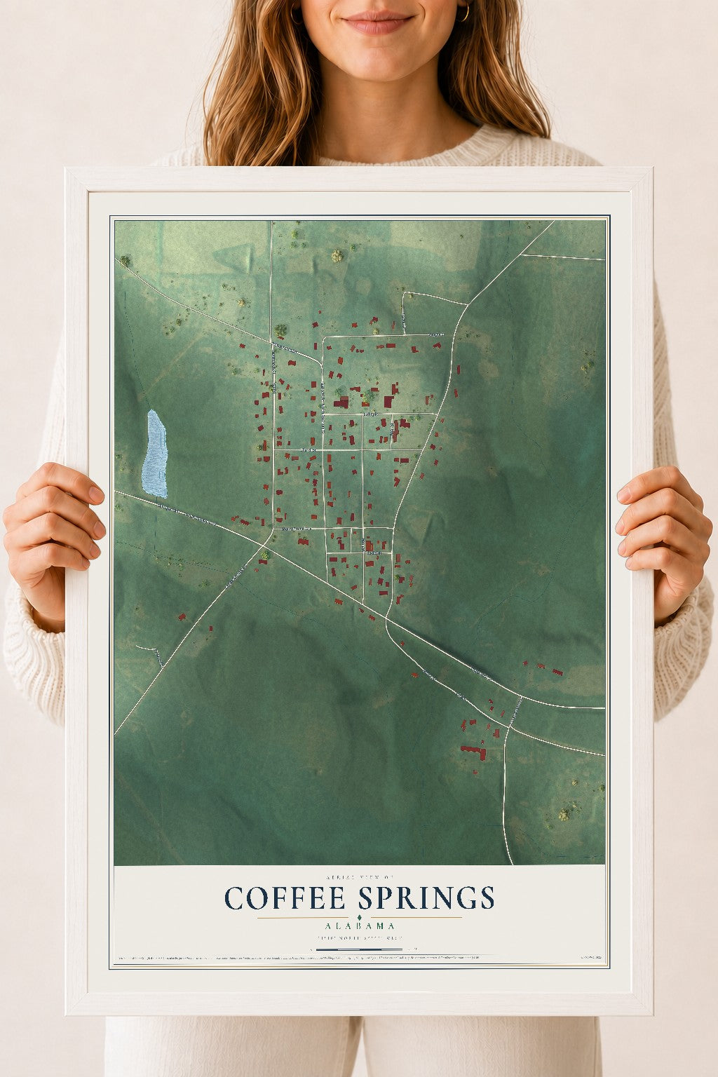 Map of Coffee Springs, Alabama, 18 x 24 inch print in a white wood frame