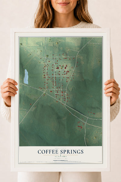 Map of Coffee Springs, Alabama, 18 x 24 inch print in a white wood frame