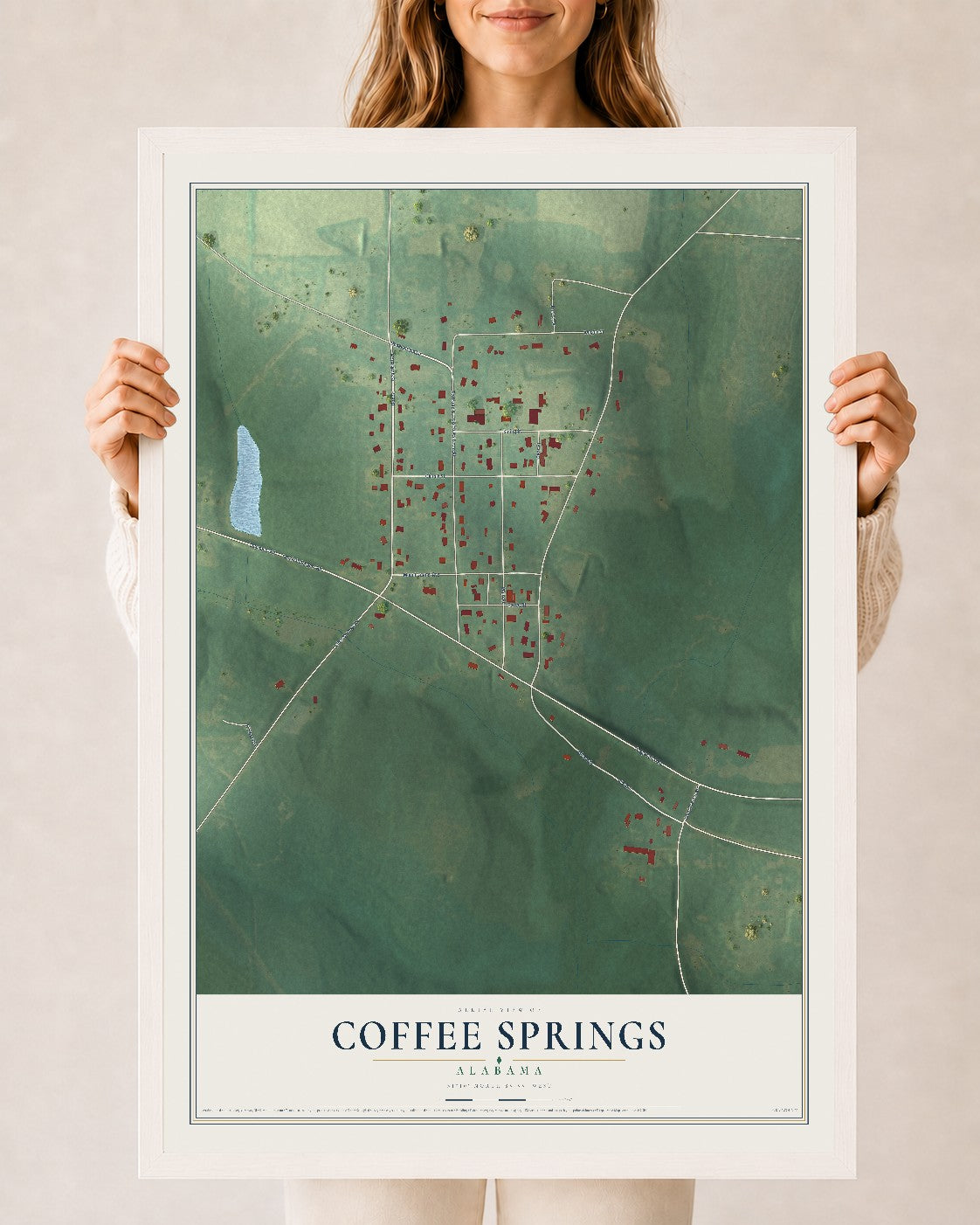 Map of Coffee Springs, Alabama, 24 x 36 inch print in a white wood frame