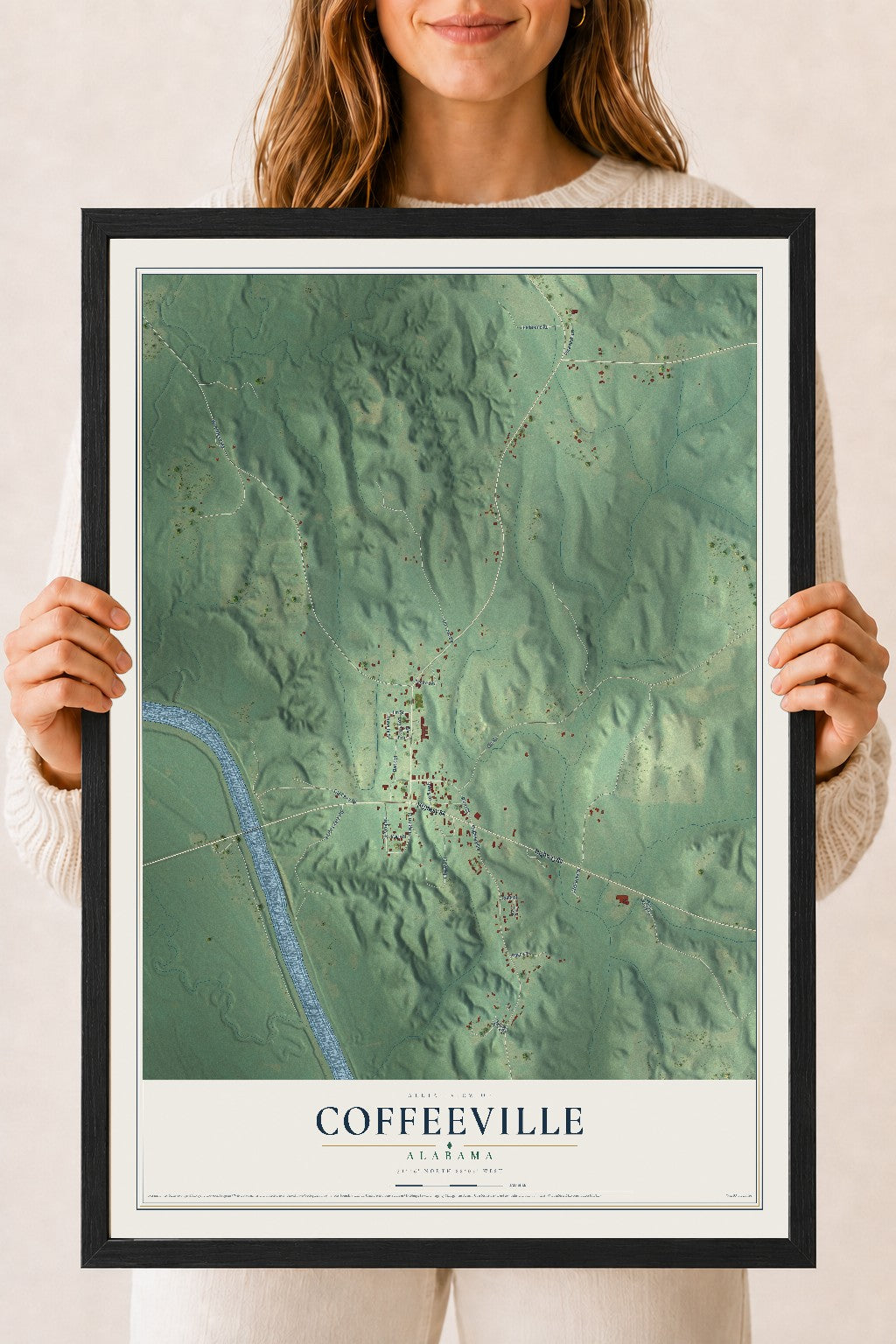 Map of Coffeeville, Alabama, 18 x 24 inch print in a black wood frame