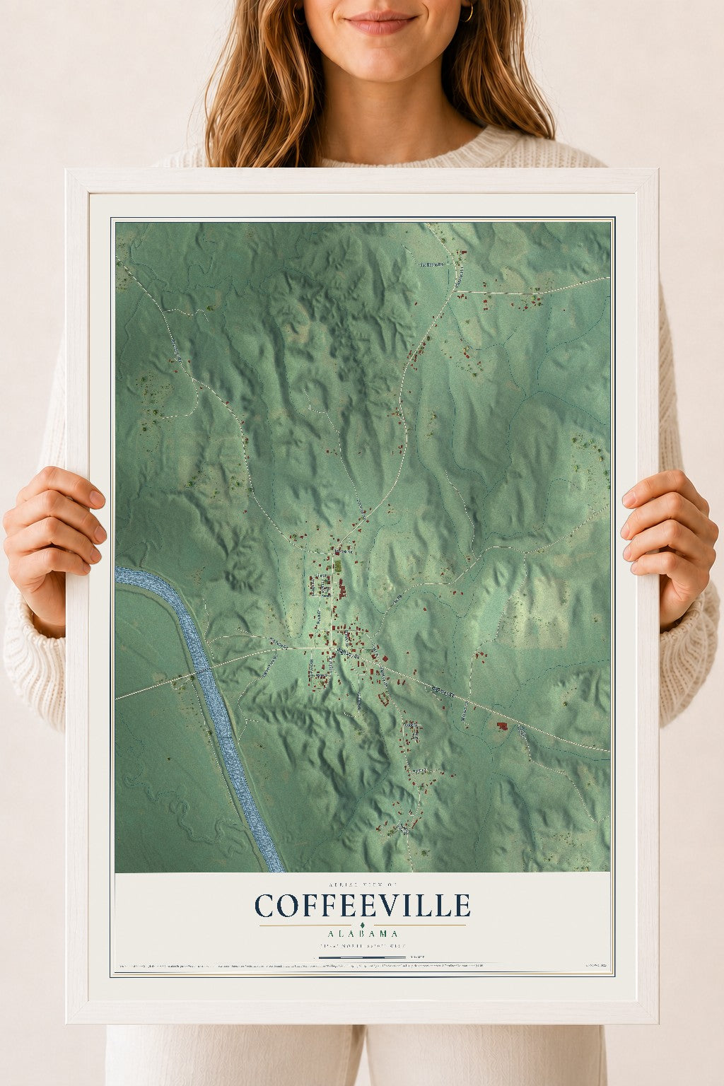 Map of Coffeeville, Alabama, 18 x 24 inch print in a white wood frame