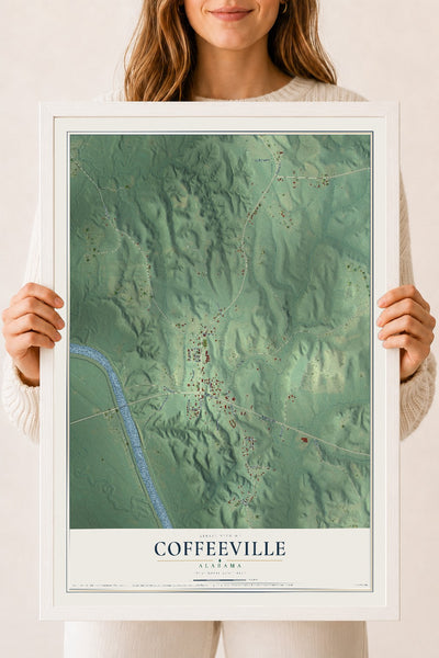 Map of Coffeeville, Alabama, 18 x 24 inch print in a white wood frame