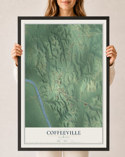 Map of Coffeeville, Alabama, 24 x 36 inch print in a black wood frame