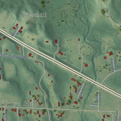 Close-up of the map of Coker, Alabama print showing street and building detail