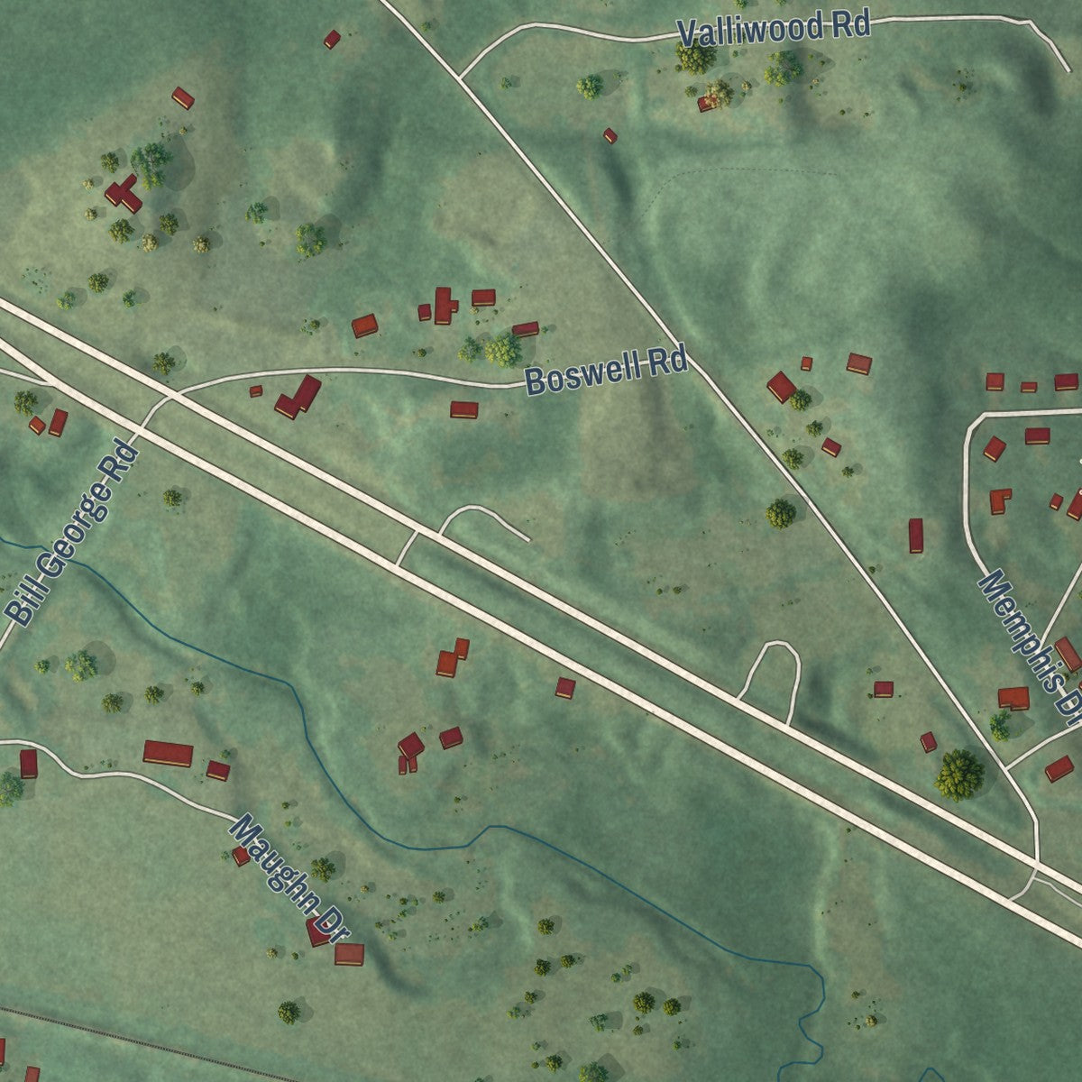 Second close-up of the map of Coker, Alabama print showing more streets and buildings