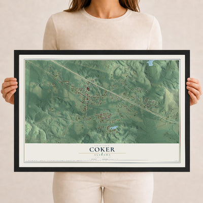 Map of Coker, Alabama, 12 x 18 inch print in a black wood frame