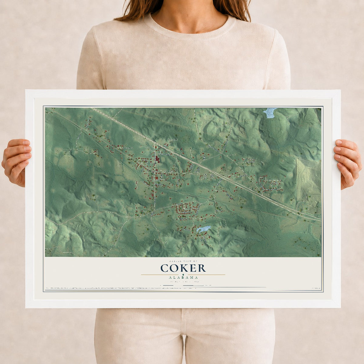 Map of Coker, Alabama, 12 x 18 inch print in a white wood frame