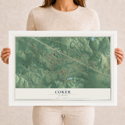 Map of Coker, Alabama, 12 x 18 inch print in a white wood frame
