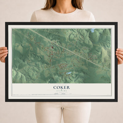 Map of Coker, Alabama, 18 x 24 inch print in a black wood frame