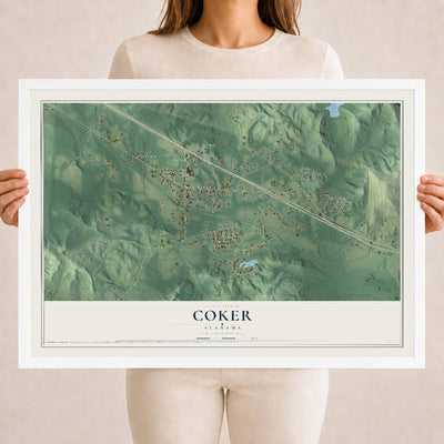Map of Coker, Alabama, 18 x 24 inch print in a white wood frame