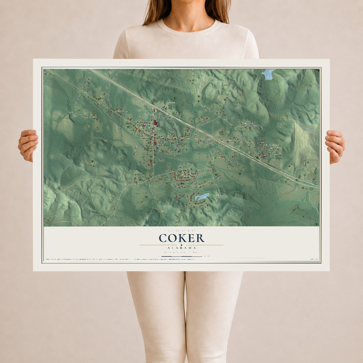 Map of Coker, Alabama, 24 x 36 inch unframed archival matte print