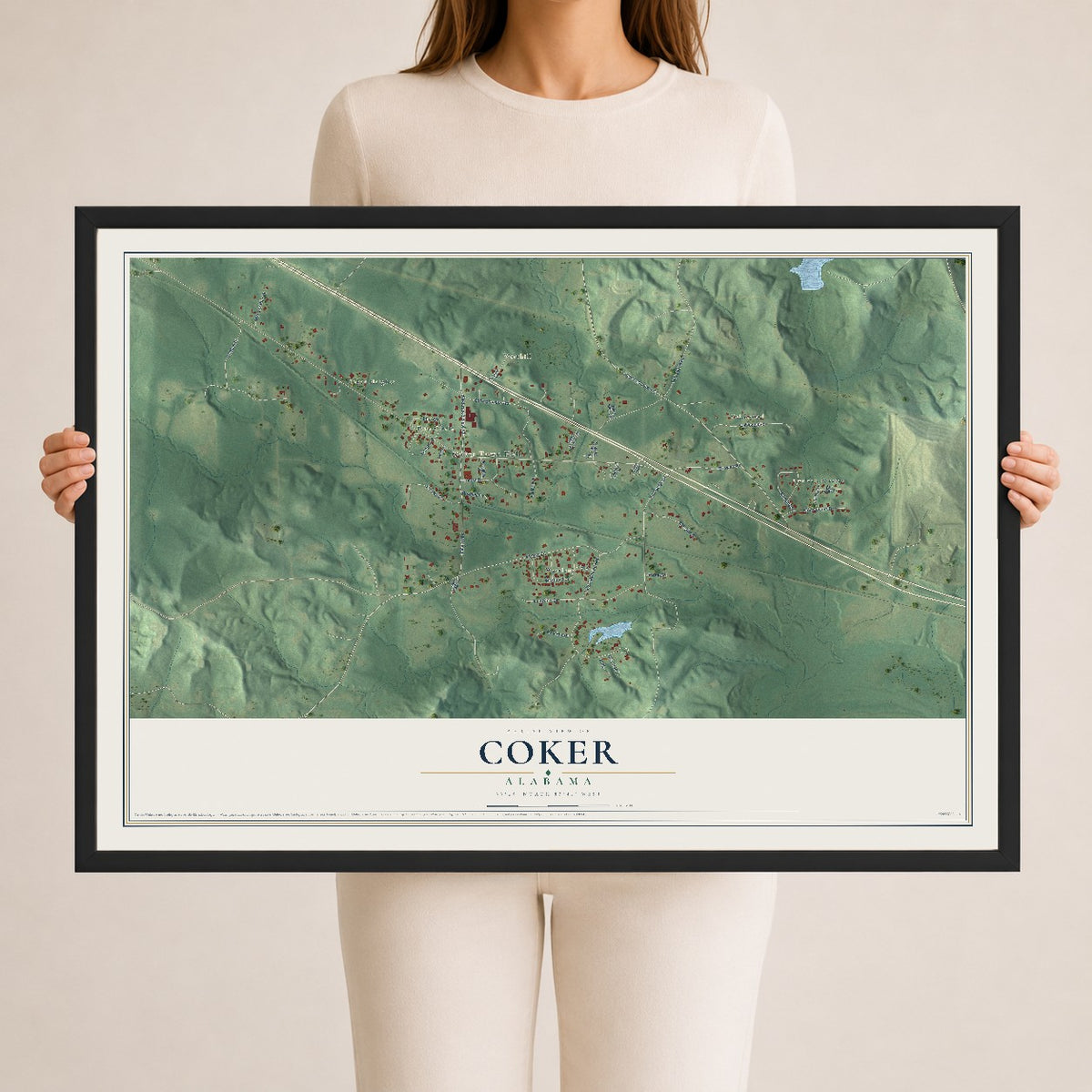 Map of Coker, Alabama, 24 x 36 inch print in a black wood frame