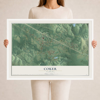 Map of Coker, Alabama, 24 x 36 inch print in a white wood frame